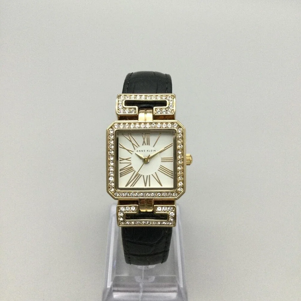 Anne Klein Womens Watch 24mm Gold Tone Crystals Leather AK/2396 New Battery